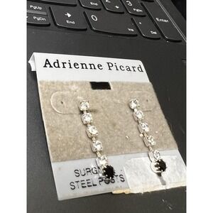 035-009 Vintage Pair New Adrienne Picard Earrings 1" Long Rhinestone‎ On Card